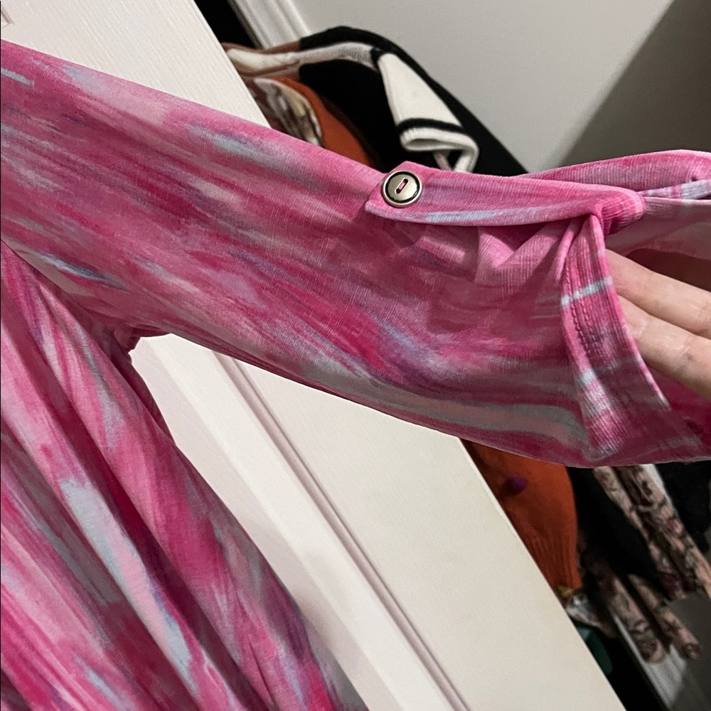 Brushstroke Pink & Light Blue V-Neck Tunic Blouse - Picture 3 of 4